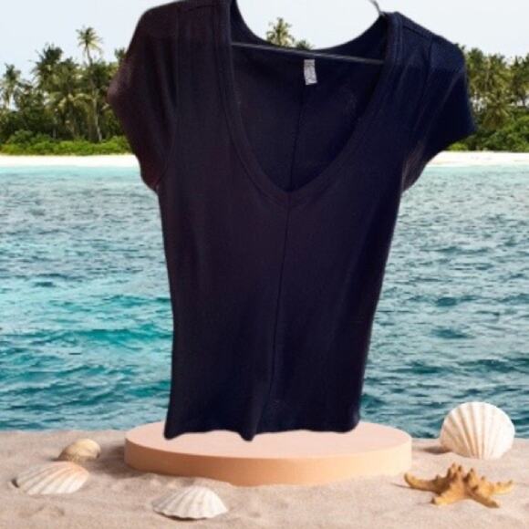 NWT Free People Black Ribbed V Neck Tee size L - Picture 1 of 4